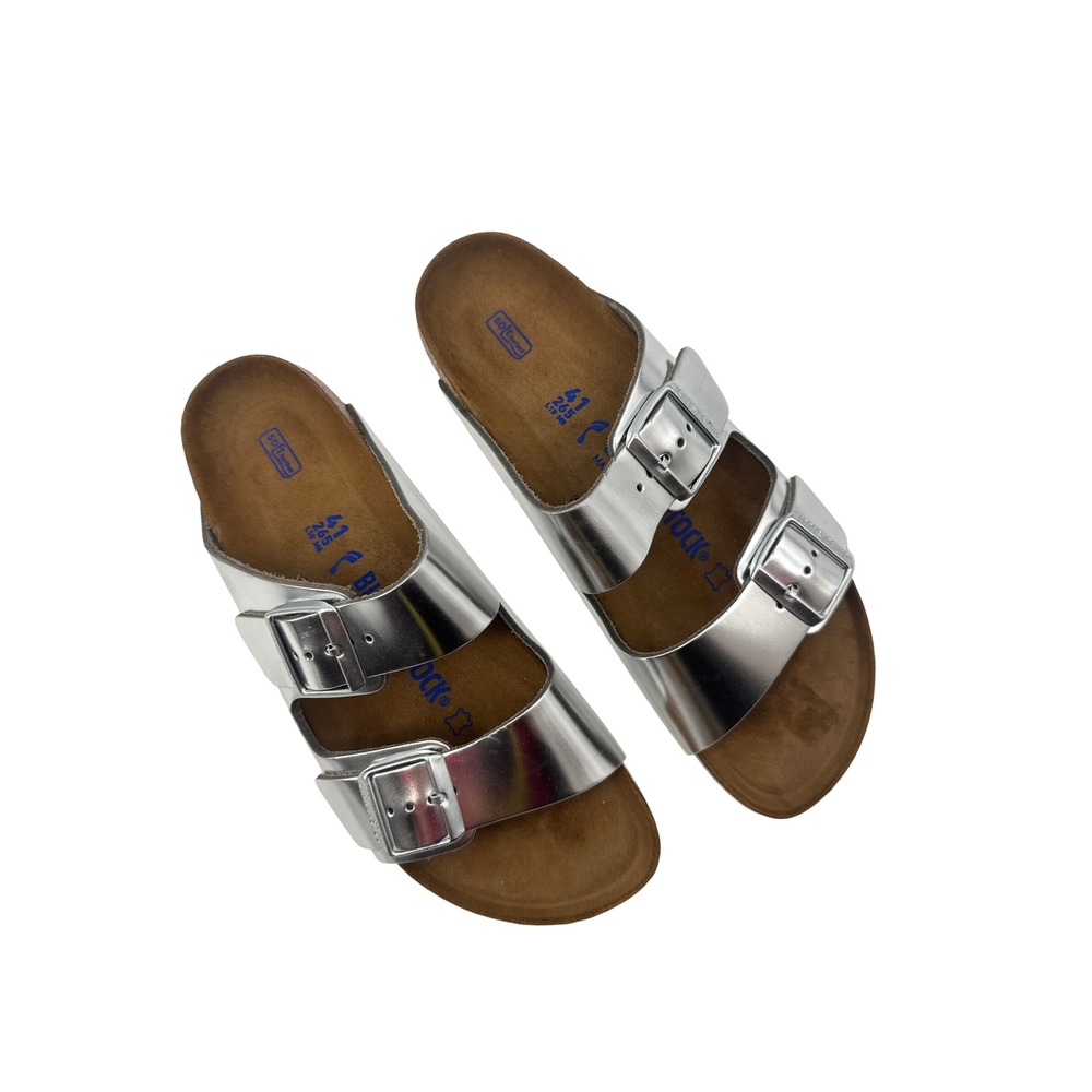 Birkenstock Arizona Soft Footbed Metallic Silver Leather Size W10/M8 Slip-On - Picture 5 of 14